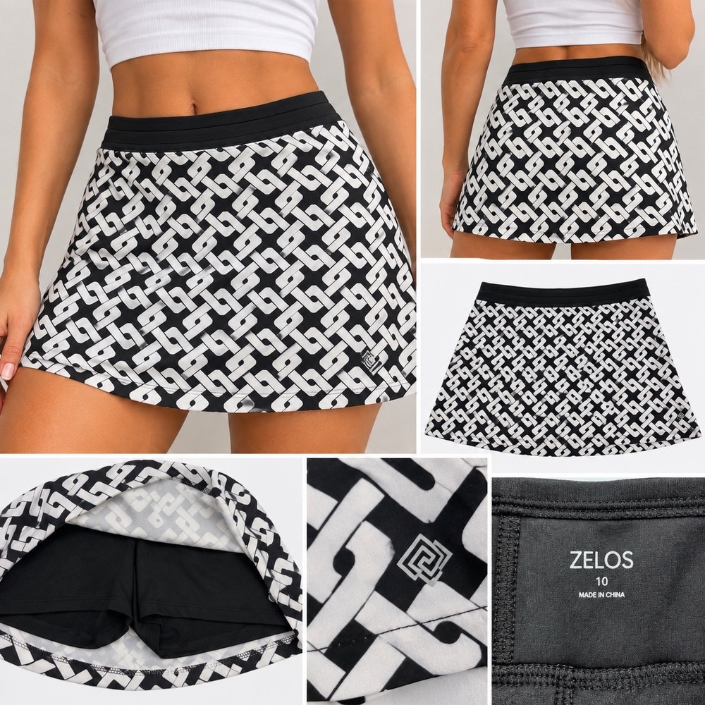 Zelos Womens Geometric Chain Link Athletic Tennis Golf Skort Black White Size 10